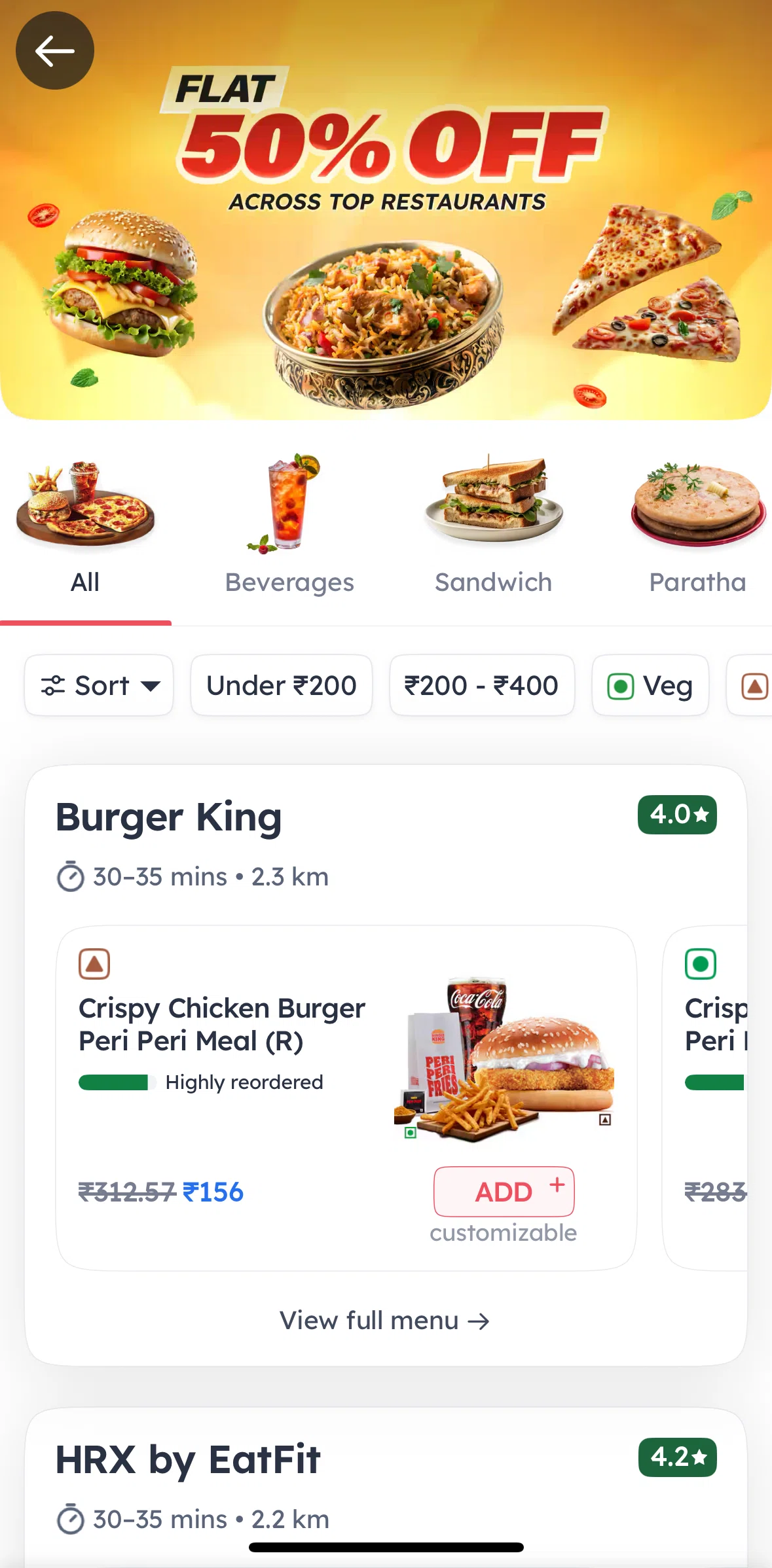 Zomato Screen screen in the Sorting restaurants flow