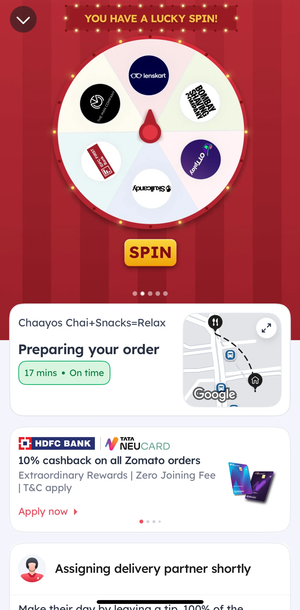 Zomato Screen screen in the Spinning a wheel flow