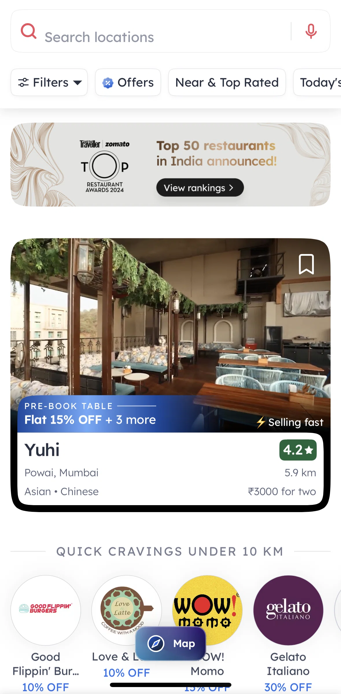 Zomato Screen screen in the Top restaurant awards flow