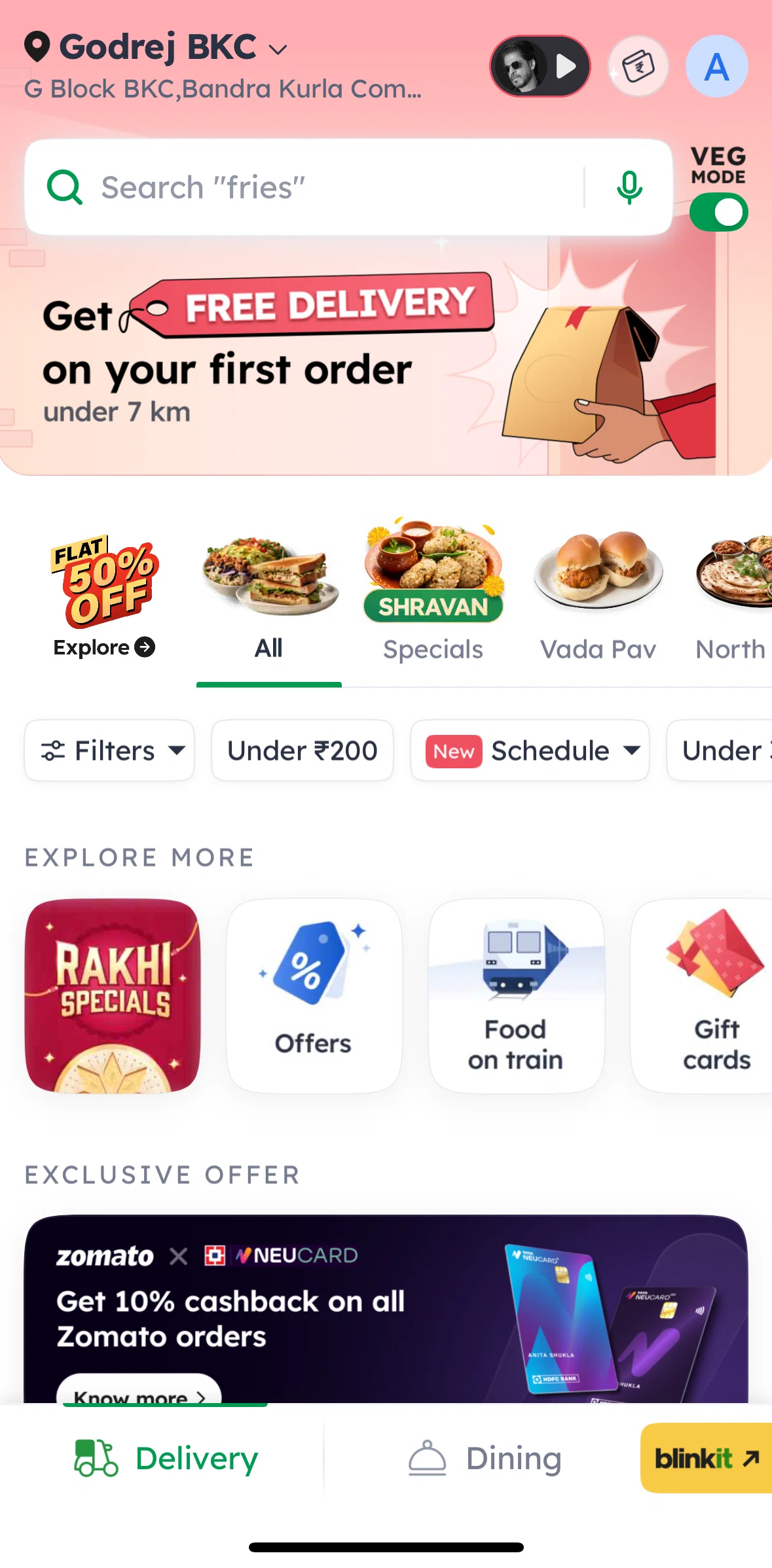 Zomato Screen screen in the Turning off Veg Mode flow
