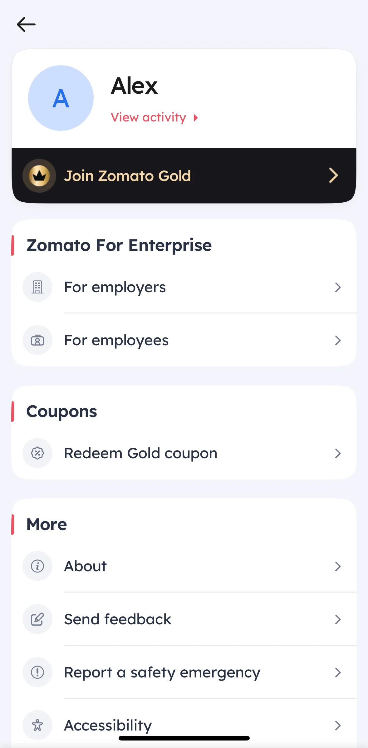 Zomato Screen screen in the Zomato For Enterprise (employees) flow