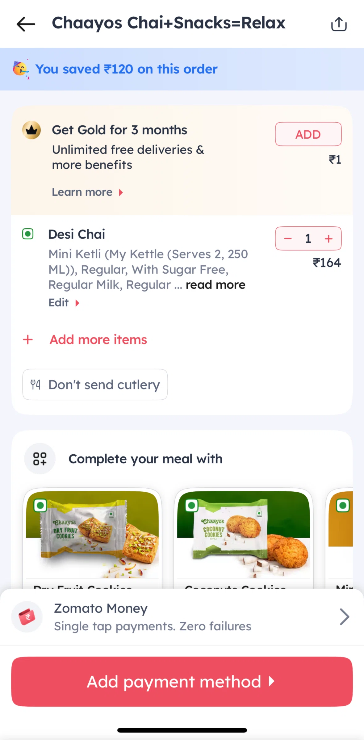 Zomato Screen screen in the Zomato Money flow