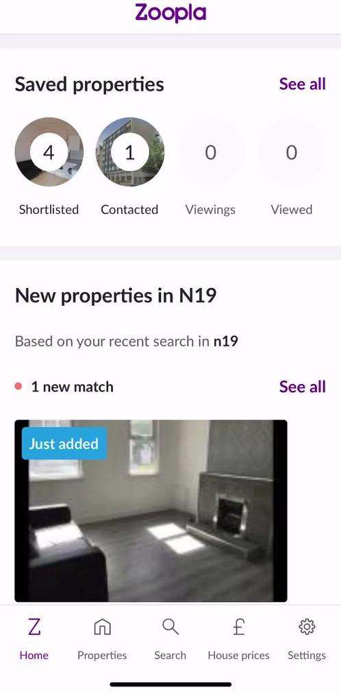 Zoopla Home screen in the Saving flow