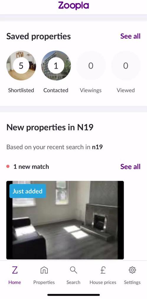 Zoopla Home screen in the Searching flow