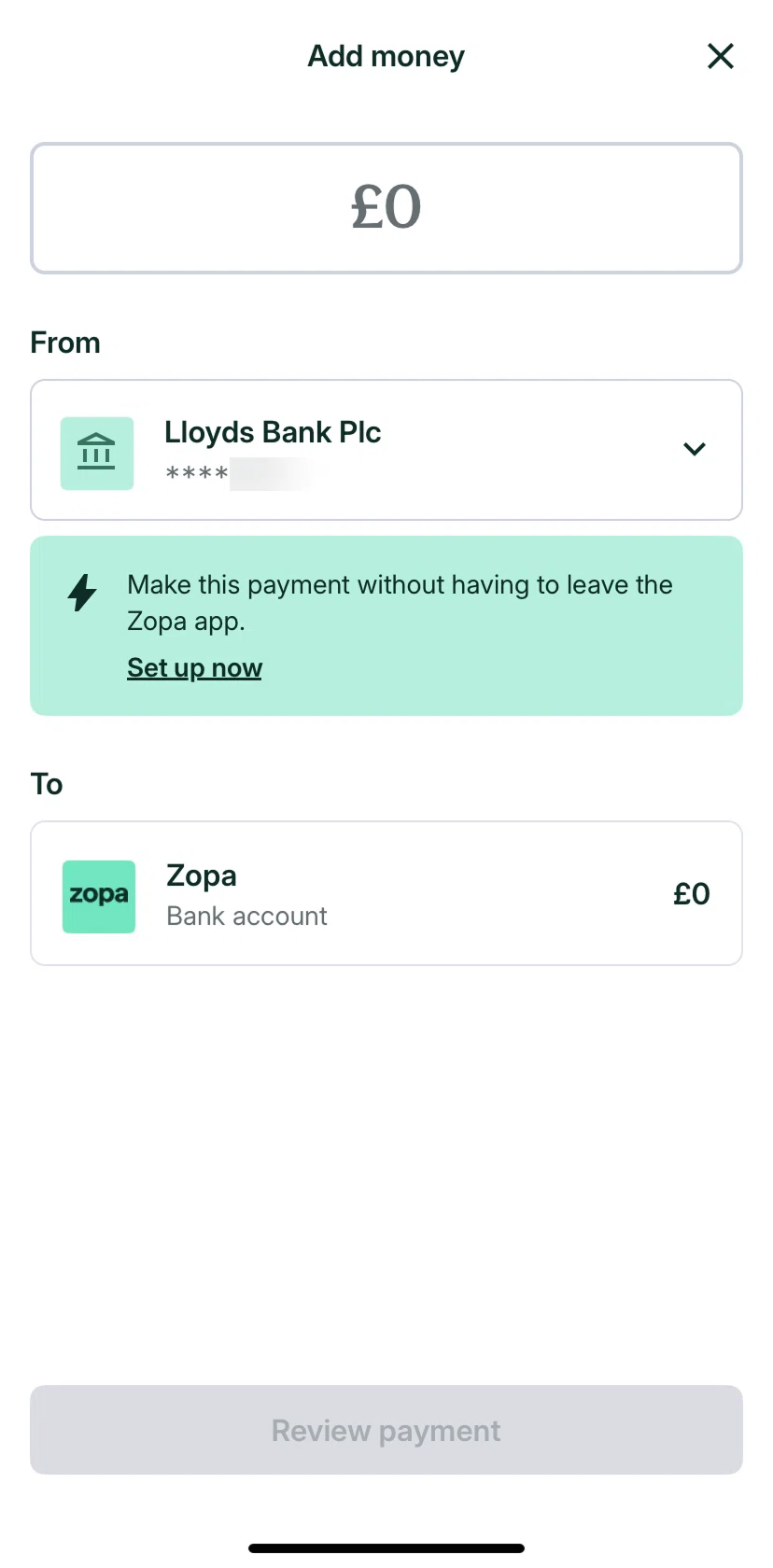Zopa Bank Screen screen in the Choosing a different bank flow
