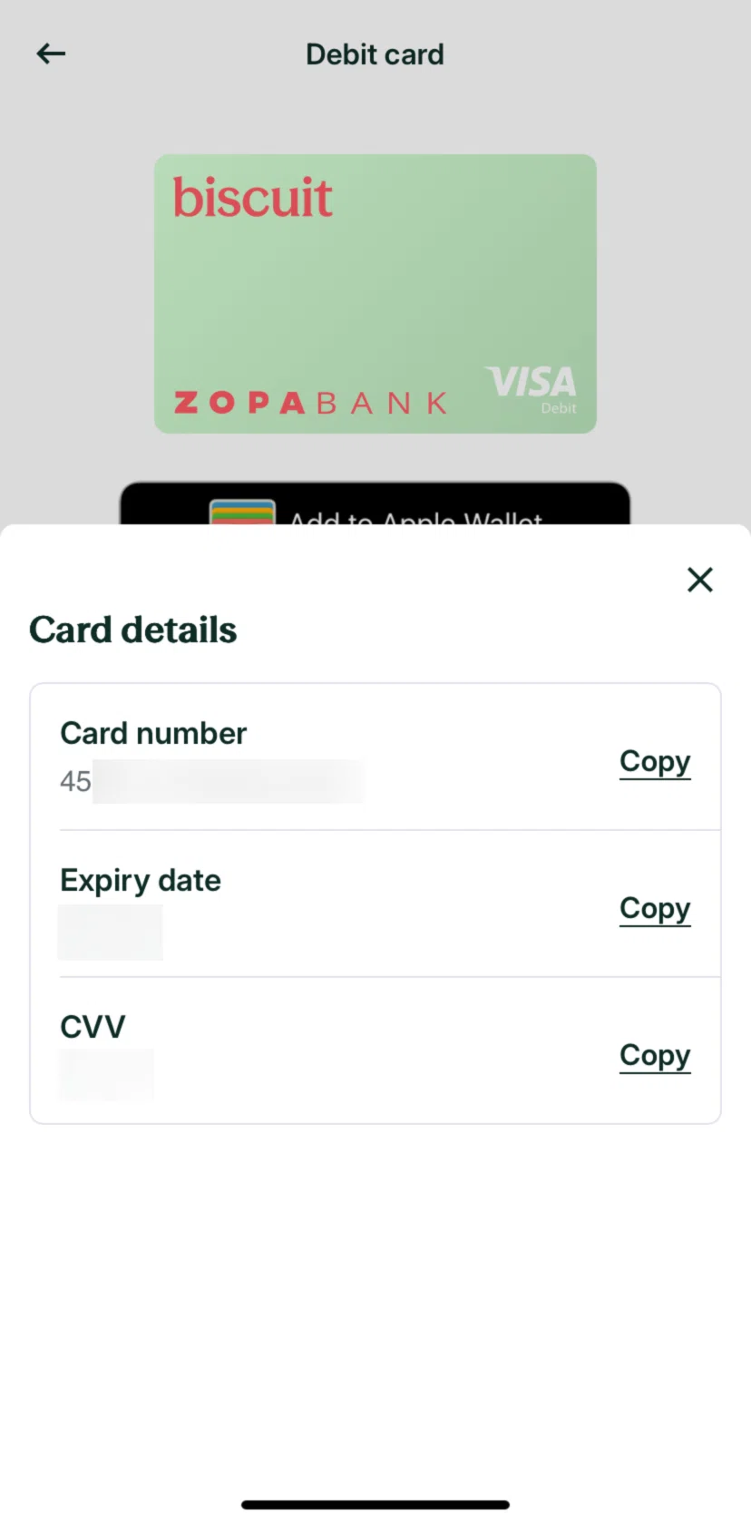 Zopa Bank Screen screen in the Copying card details flow