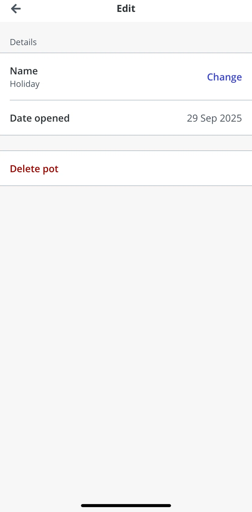 Zopa Bank Screen screen in the Deleting a pot flow
