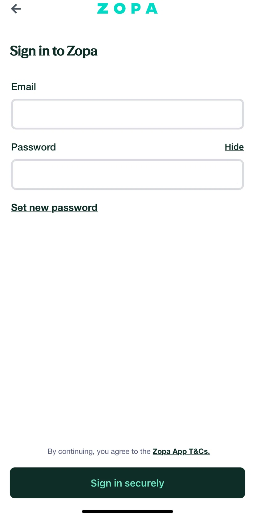 Zopa Bank Screen screen in the Forget password flow