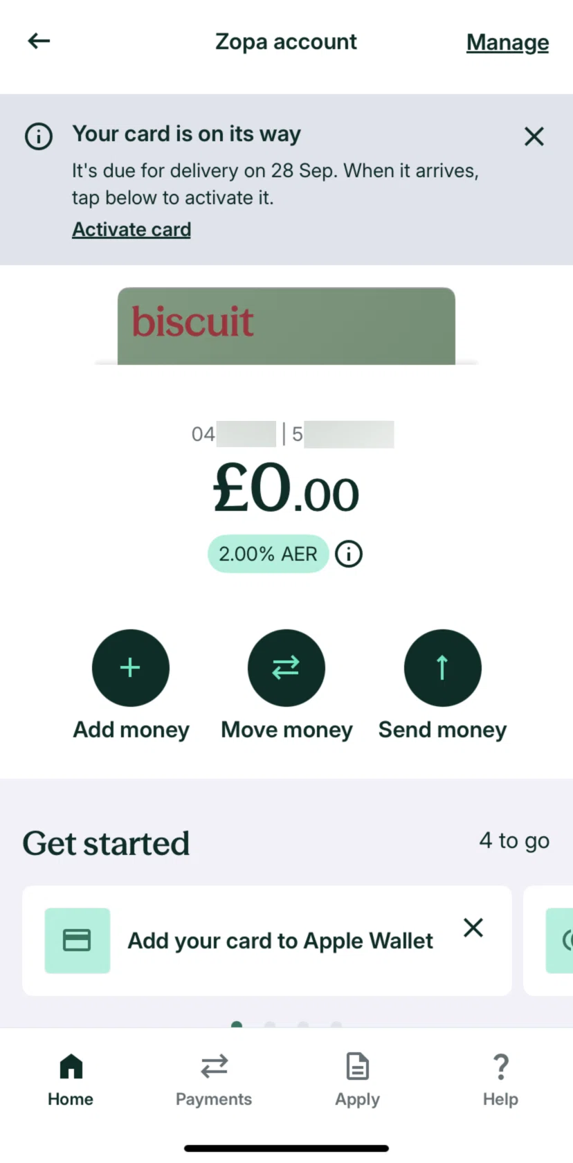 Zopa Bank Screen screen in the Manage account flow