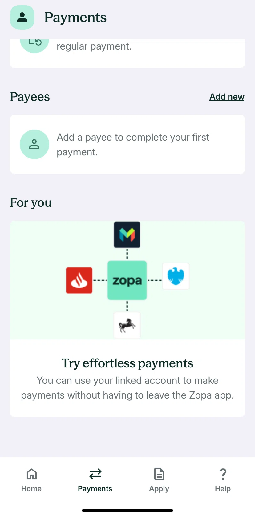 Zopa Bank Screen screen in the Set up effortless payments flow