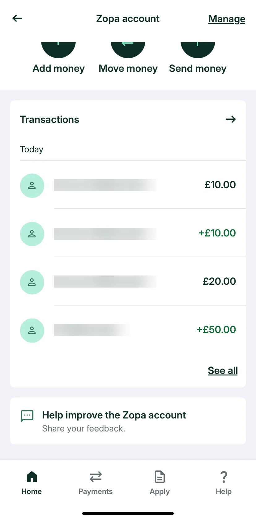 Zopa Bank Screen screen in the Transactions detail flow