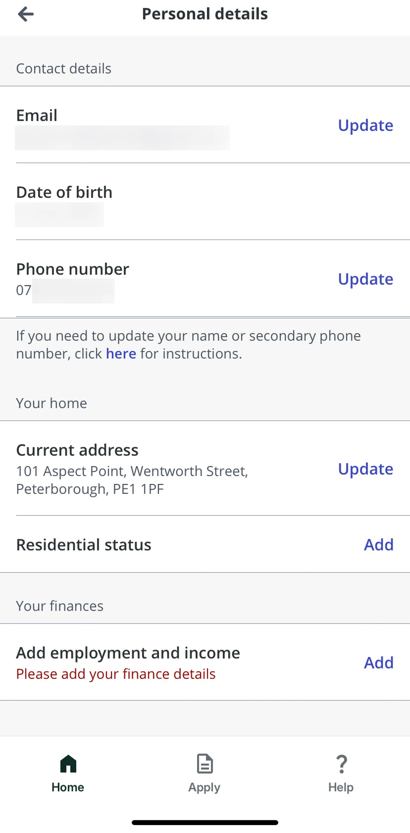 Zopa Bank Screen screen in the Updating a phone number flow